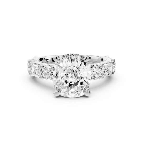 Juliette - 4ct 14k white gold ecushion with Alternating Round and Emerald 8 - Stone Band Engagement Ring - Mr. Alex Jewelry