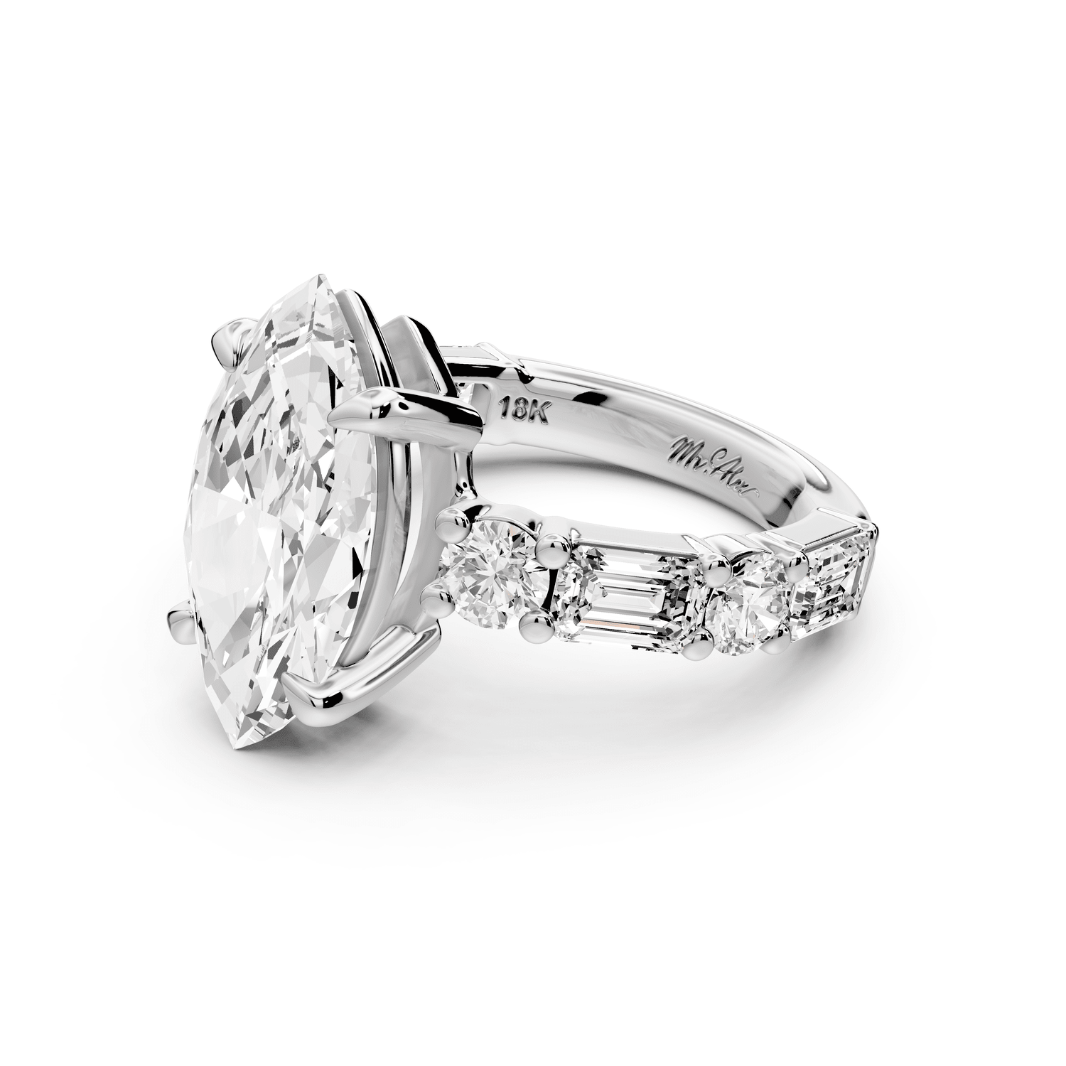 Juliette - 4ct 14k white gold marquise with Alternating Round and Emerald 8 - Stone Band Engagement Ring - Mr. Alex Jewelry