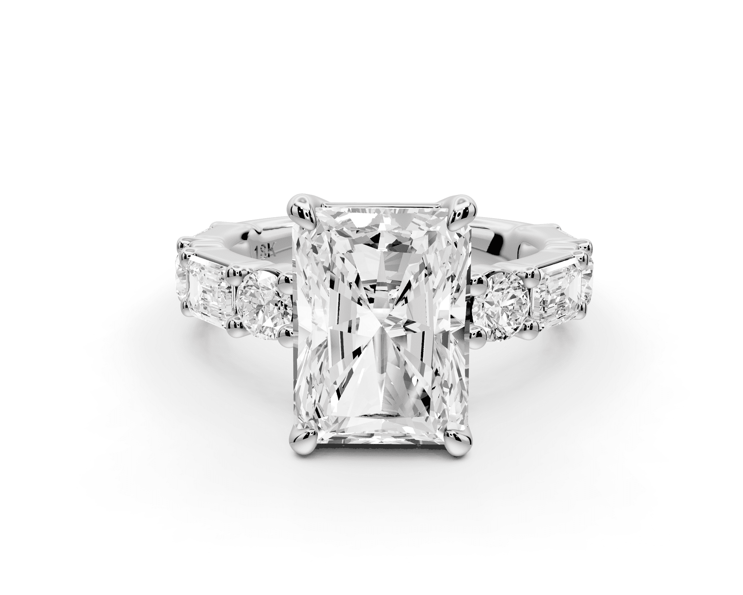 Juliette - 4ct 14k white gold radiant with Alternating Round and Emerald 8 - Stone Band Engagement Ring - Mr. Alex Jewelry