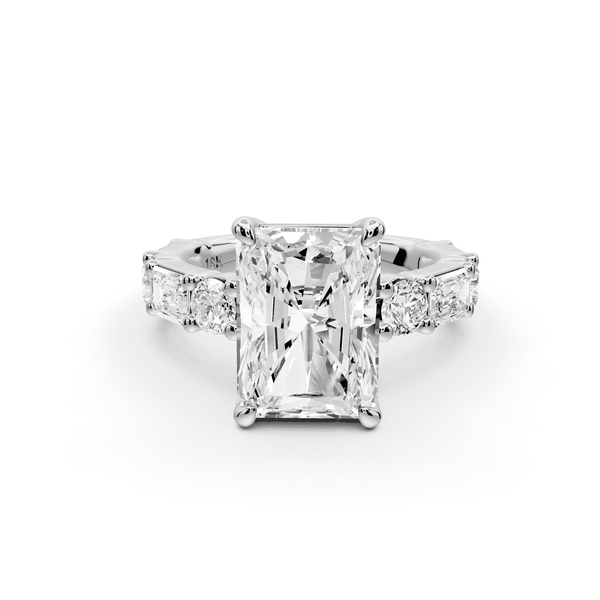 Juliette - 4ct 14k white gold radiant with Alternating Round and Emerald 8 - Stone Band Engagement Ring - Mr. Alex Jewelry