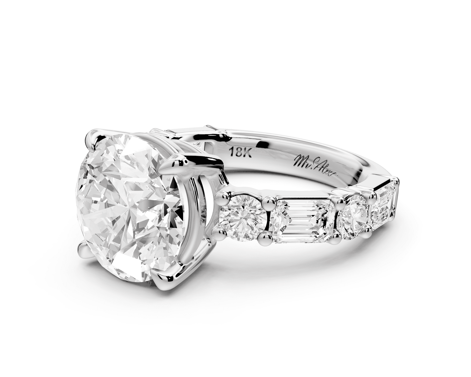 Juliette - 4ct 14k white gold round with Alternating Round and Emerald 8 - Stone Band Engagement Ring - Mr. Alex Jewelry