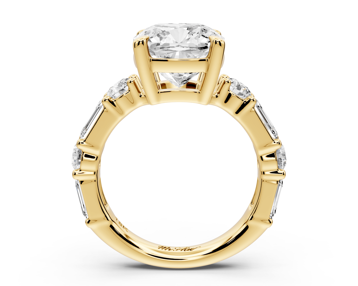Juliette - 4ct 14k yellow gold cushion with Alternating Round and Emerald 8 - Stone Band Engagement Ring - Mr. Alex Jewelry