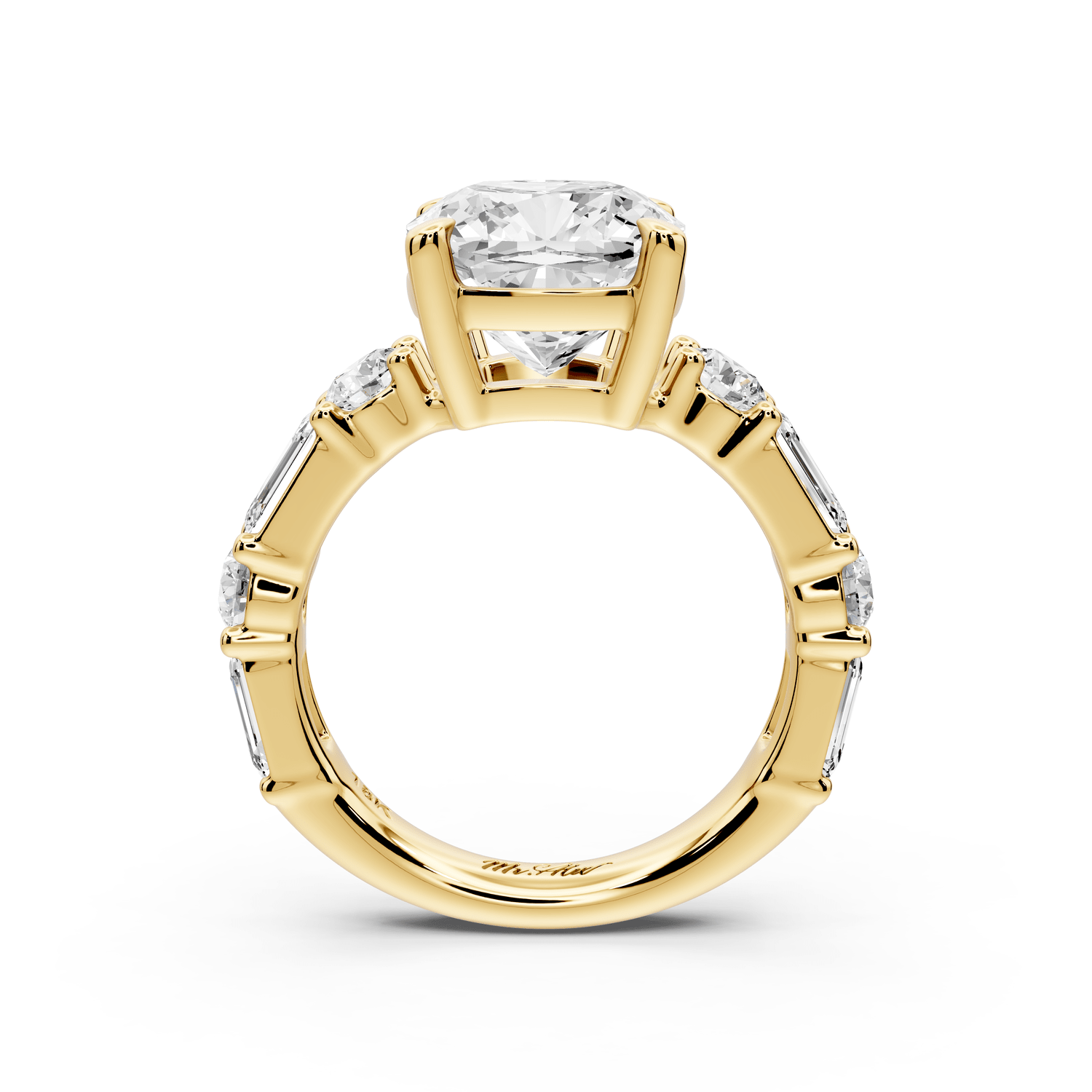 Juliette - 4ct 14k yellow gold cushion with Alternating Round and Emerald 8 - Stone Band Engagement Ring - Mr. Alex Jewelry