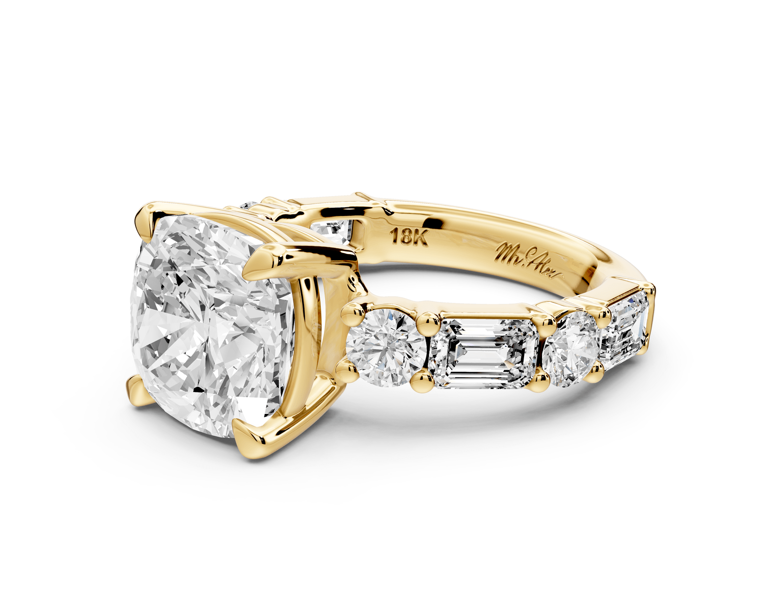 Juliette - 4ct 14k yellow gold cushion with Alternating Round and Emerald 8 - Stone Band Engagement Ring - Mr. Alex Jewelry
