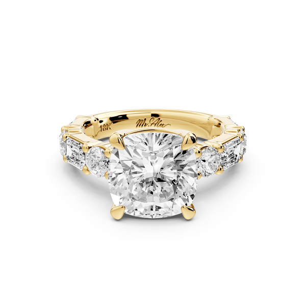 Juliette - 4ct 14k yellow gold cushion with Alternating Round and Emerald 8 - Stone Band Engagement Ring - Mr. Alex Jewelry