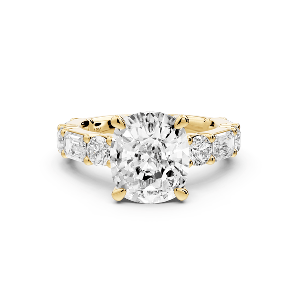 Juliette - 4ct 14k yellow gold ecushion with Alternating Round and Emerald 8 - Stone Band Engagement Ring - Mr. Alex Jewelry