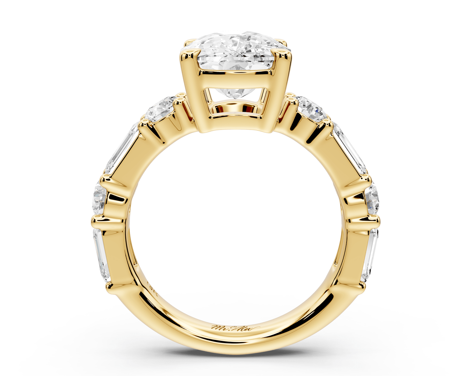 Juliette - 4ct 14k yellow gold ecushion with Alternating Round and Emerald 8 - Stone Band Engagement Ring - Mr. Alex Jewelry