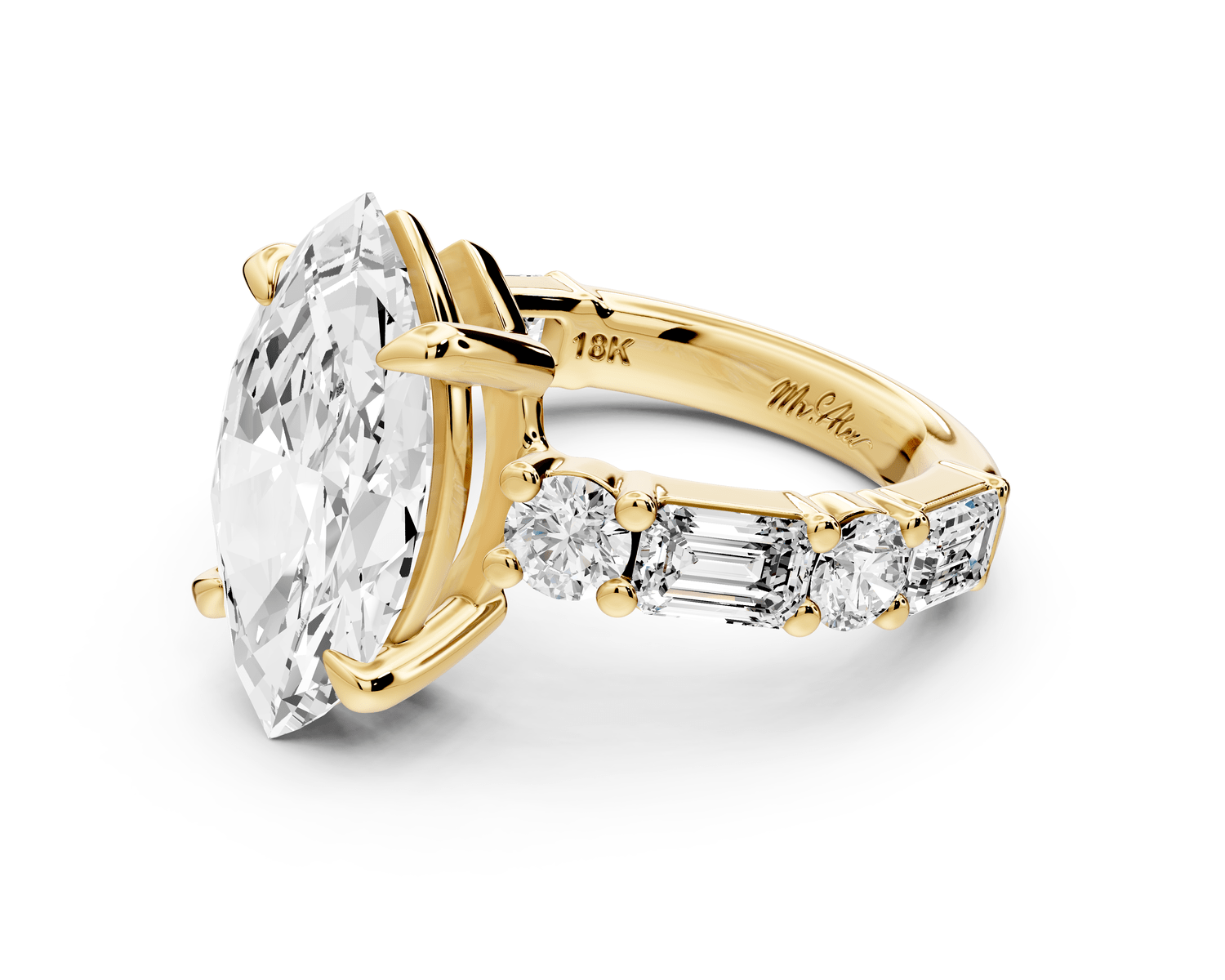 Juliette - 4ct 14k yellow gold marquise with Alternating Round and Emerald 8 - Stone Band Engagement Ring - Mr. Alex Jewelry