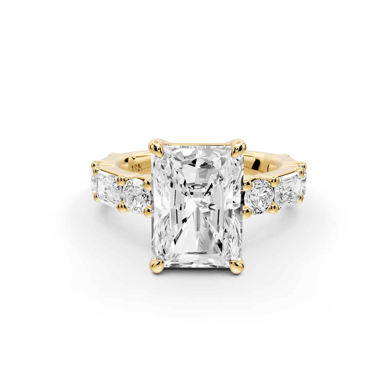 Juliette - 4ct 14k yellow gold radiant with Alternating Round and Emerald 8 - Stone Band Engagement Ring - Mr. Alex Jewelry