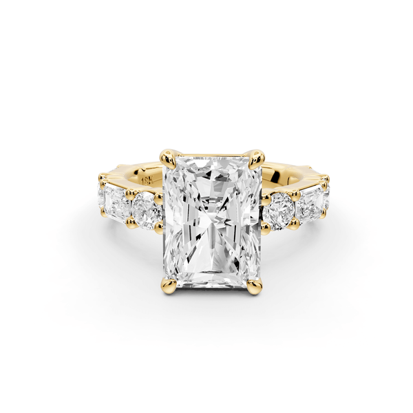 Juliette - 4ct 14k yellow gold radiant with Alternating Round and Emerald 8 - Stone Band Engagement Ring - Mr. Alex Jewelry