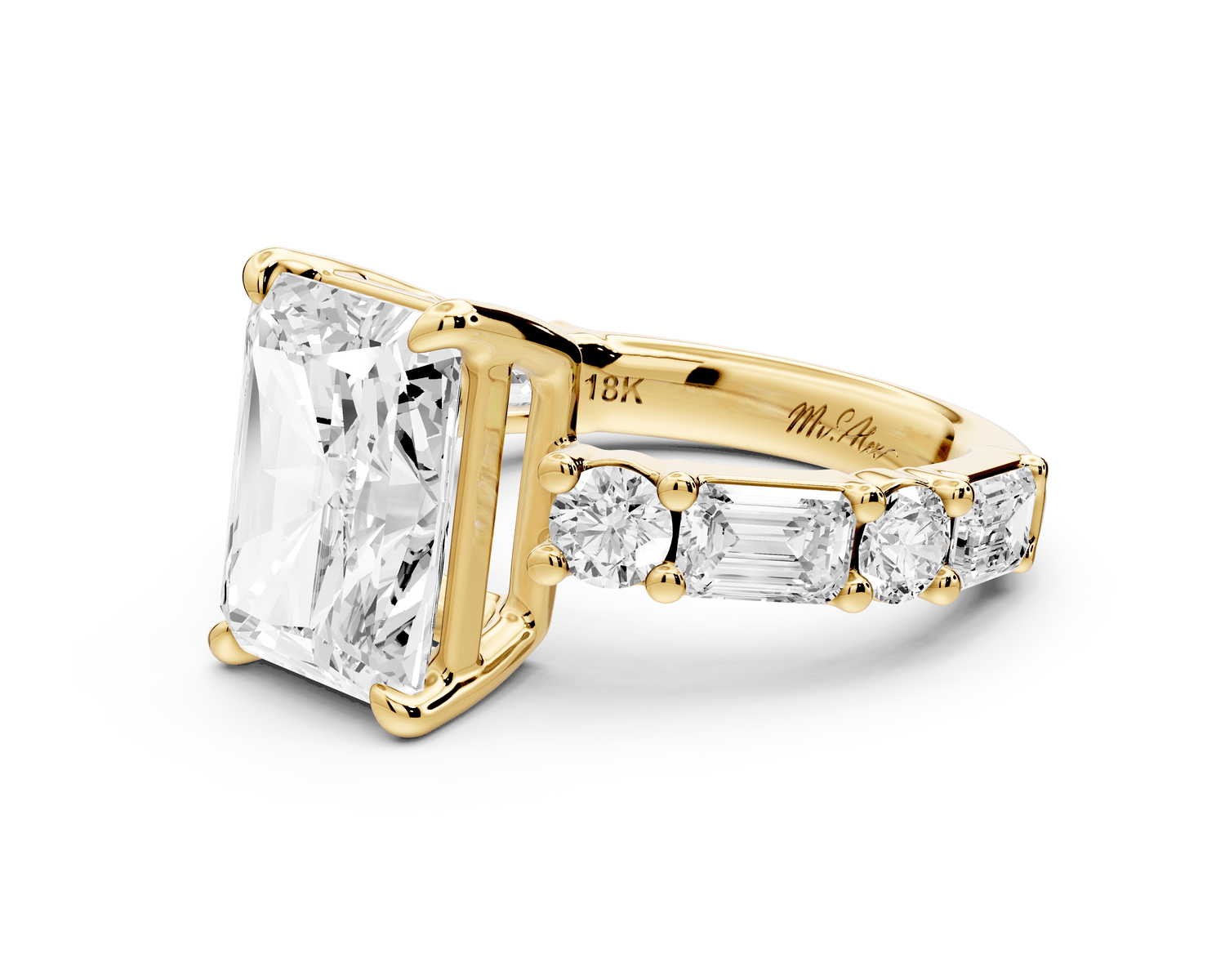 Juliette - 4ct 14k yellow gold radiant with Alternating Round and Emerald 8 - Stone Band Engagement Ring - Mr. Alex Jewelry