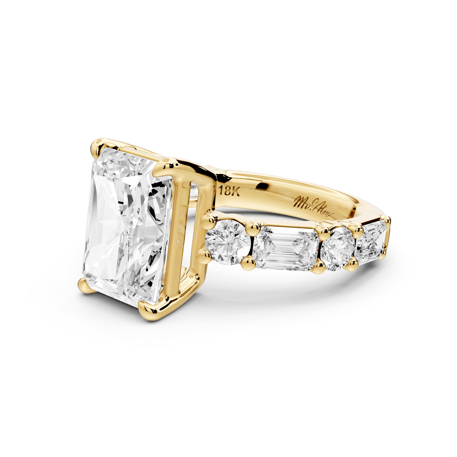 Juliette - 4ct 14k yellow gold radiant with Alternating Round and Emerald 8 - Stone Band Engagement Ring - Mr. Alex Jewelry