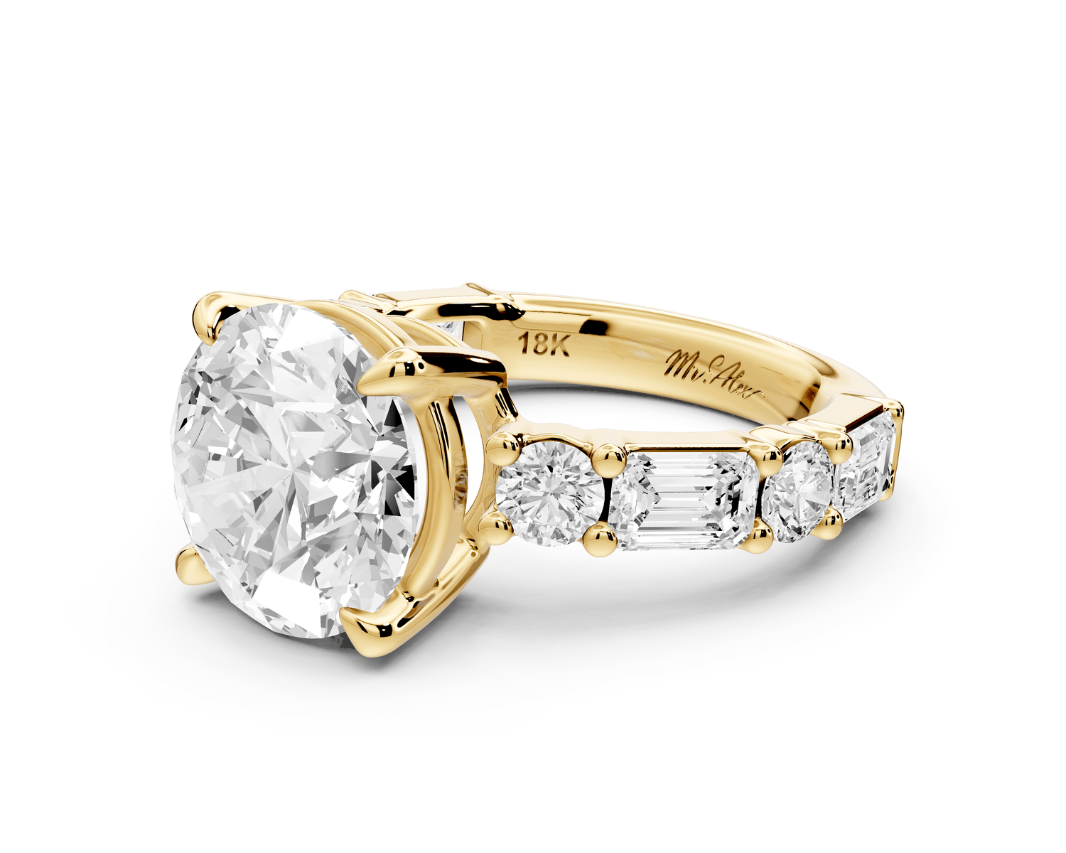 Juliette - 4ct 14k yellow gold round with Alternating Round and Emerald 8 - Stone Band Engagement Ring - Mr. Alex Jewelry