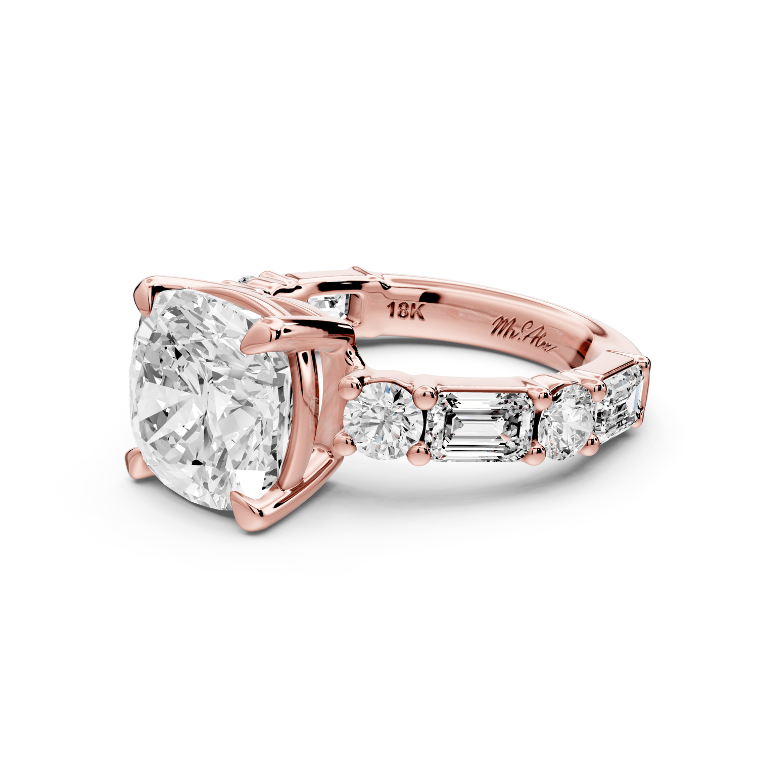 Juliette - 4ct 18k rose gold cushion with Alternating Round and Emerald 8 - Stone Band Engagement Ring - Mr. Alex Jewelry