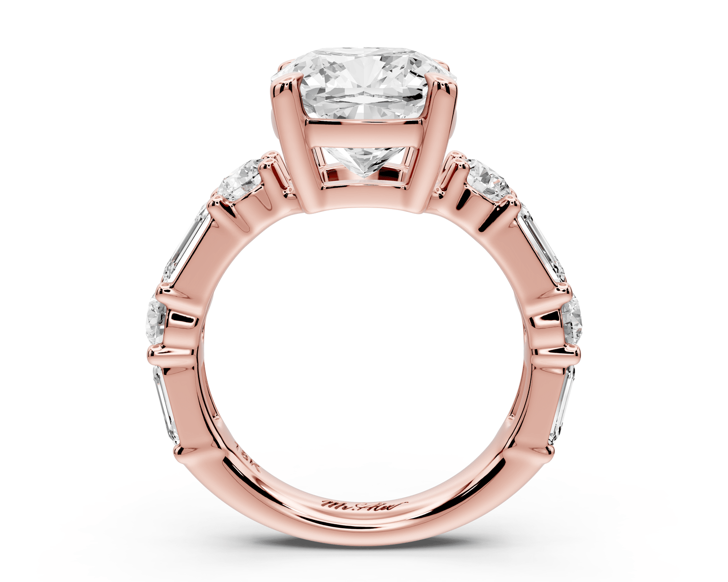 Juliette - 4ct 18k rose gold cushion with Alternating Round and Emerald 8 - Stone Band Engagement Ring - Mr. Alex Jewelry