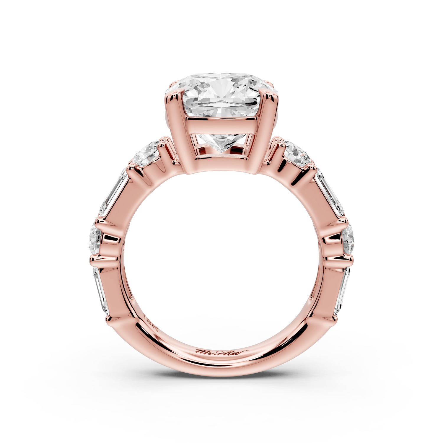 Juliette - 4ct 18k rose gold cushion with Alternating Round and Emerald 8 - Stone Band Engagement Ring - Mr. Alex Jewelry