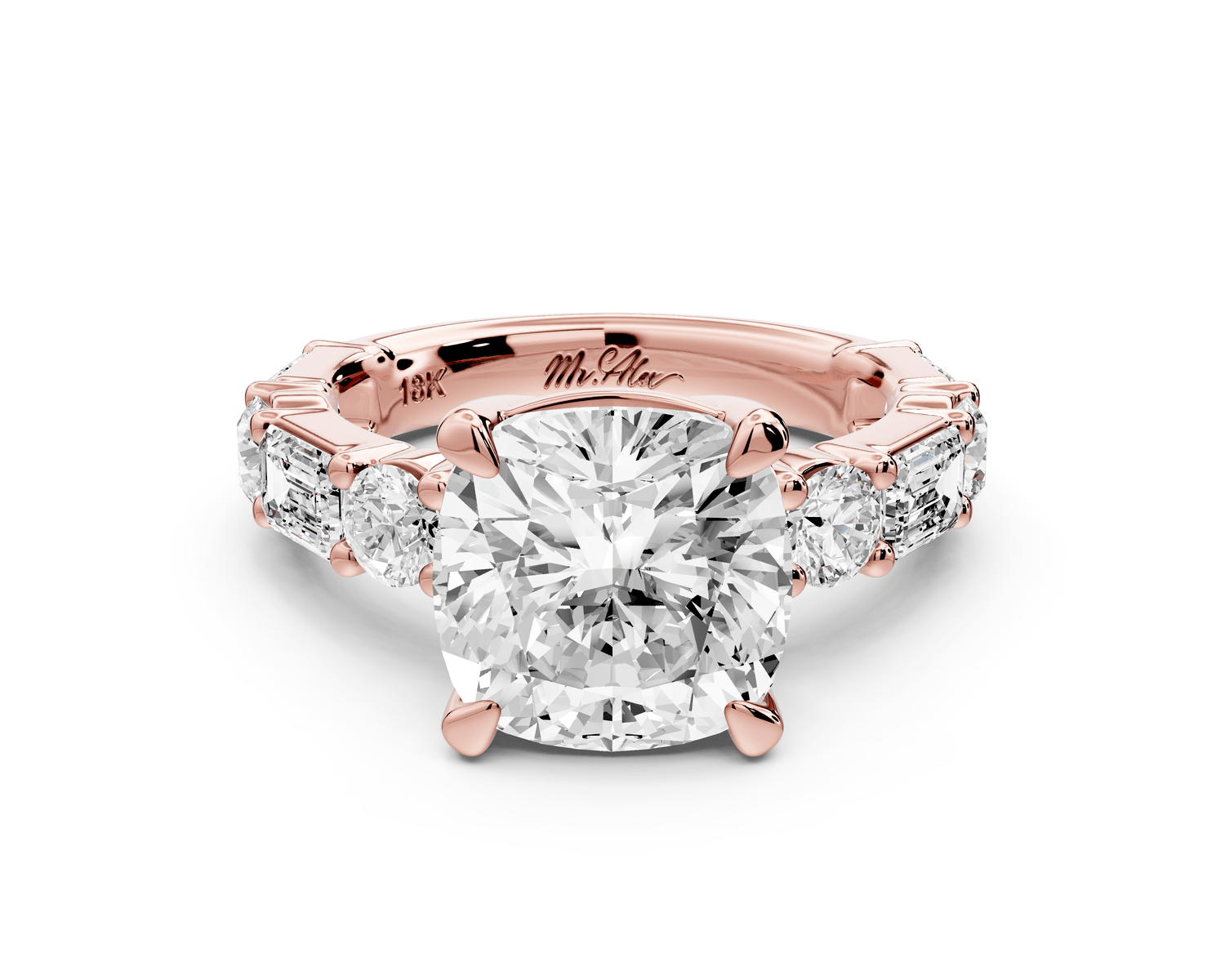 Juliette - 4ct 18k rose gold cushion with Alternating Round and Emerald 8 - Stone Band Engagement Ring - Mr. Alex Jewelry