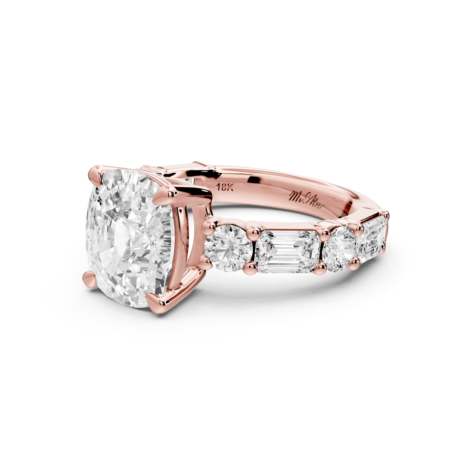 Juliette - 4ct 18k rose gold ecushion with Alternating Round and Emerald 8 - Stone Band Engagement Ring - Mr. Alex Jewelry