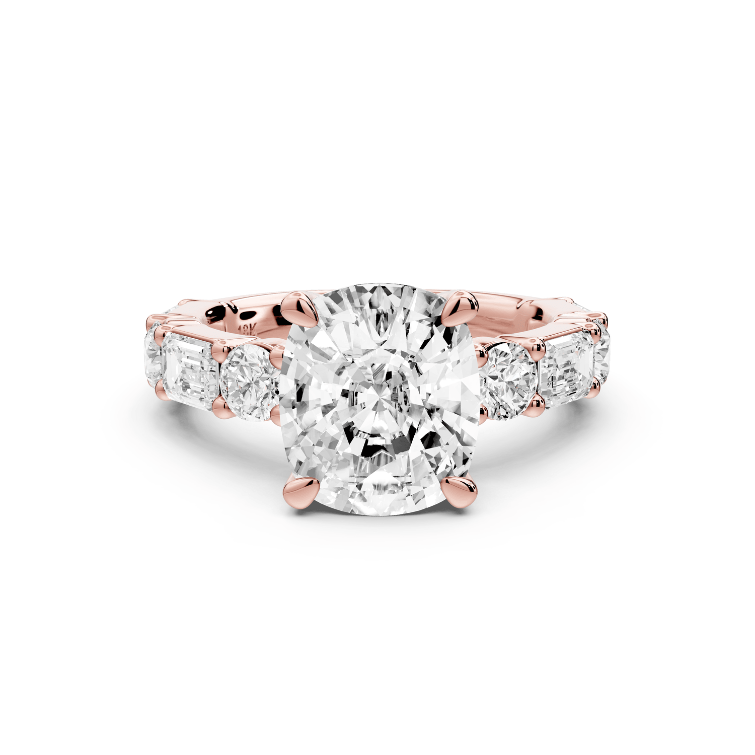 Juliette - 4ct 18k rose gold ecushion with Alternating Round and Emerald 8 - Stone Band Engagement Ring - Mr. Alex Jewelry