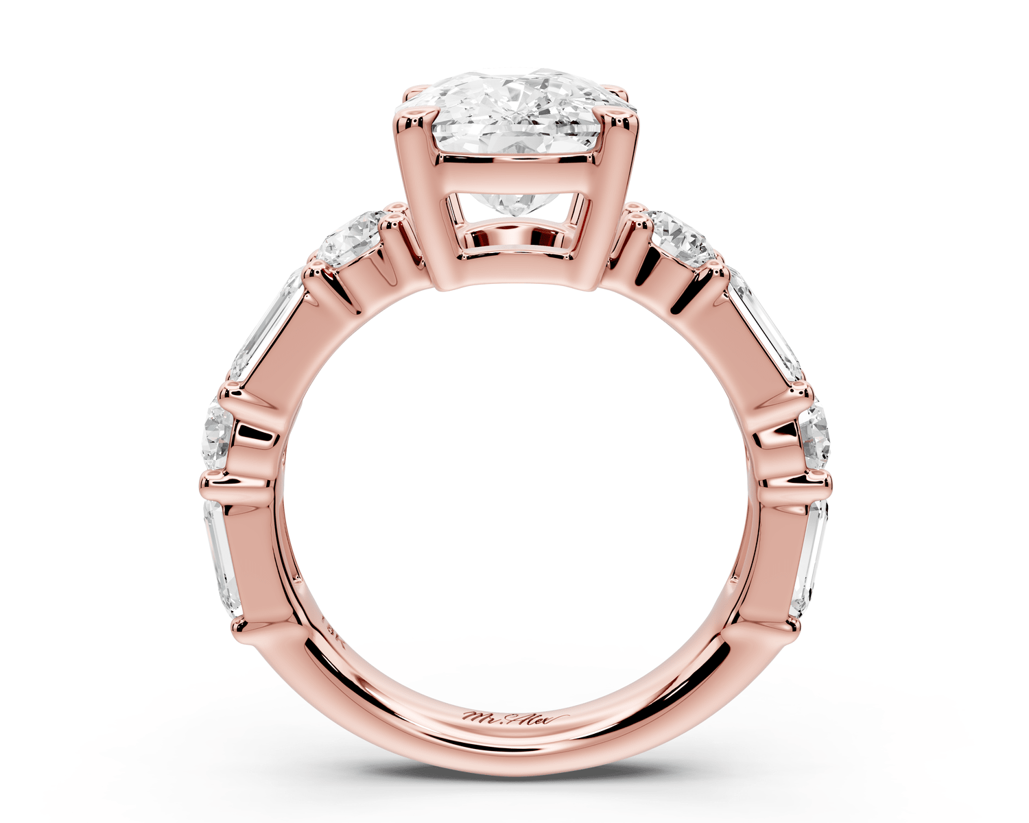 Juliette - 4ct 18k rose gold ecushion with Alternating Round and Emerald 8 - Stone Band Engagement Ring - Mr. Alex Jewelry