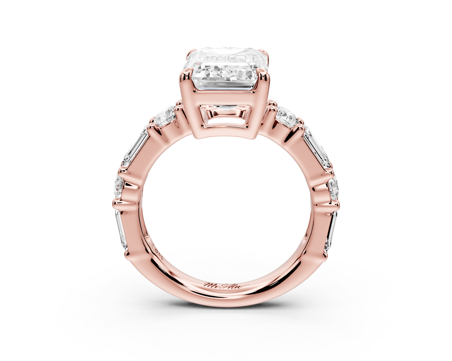 Juliette - 4ct 18k rose gold emerald with Alternating Round and Emerald 8 - Stone Band Engagement Ring - Mr. Alex Jewelry