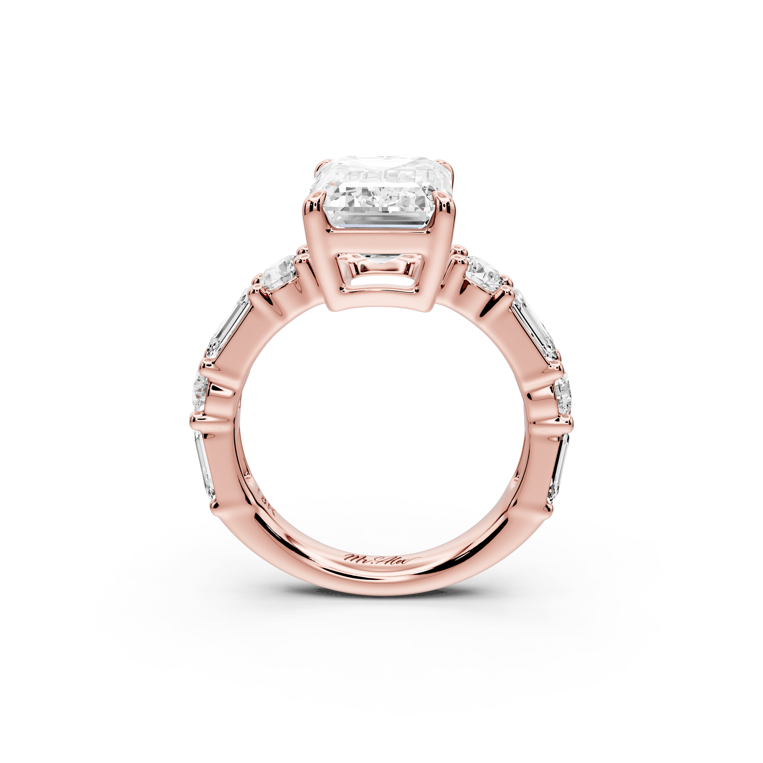 Juliette - 4ct 18k rose gold emerald with Alternating Round and Emerald 8 - Stone Band Engagement Ring - Mr. Alex Jewelry