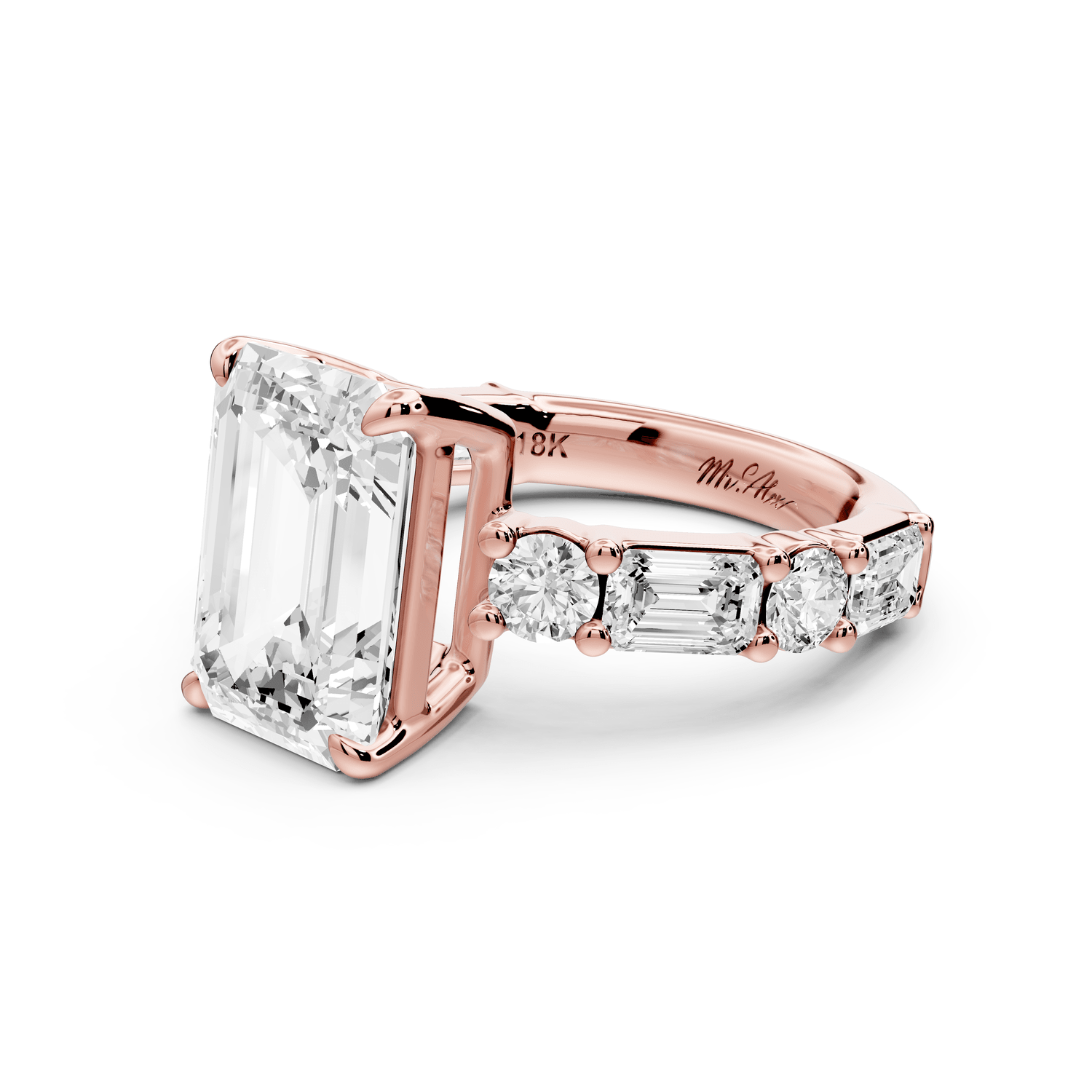 Juliette - 4ct 18k rose gold emerald with Alternating Round and Emerald 8 - Stone Band Engagement Ring - Mr. Alex Jewelry