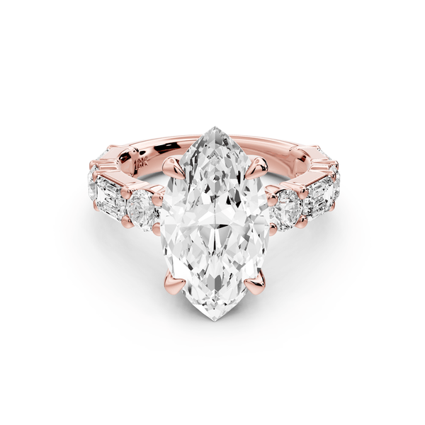 Juliette - 4ct 18k rose gold marquise with Alternating Round and Emerald 8 - Stone Band Engagement Ring - Mr. Alex Jewelry