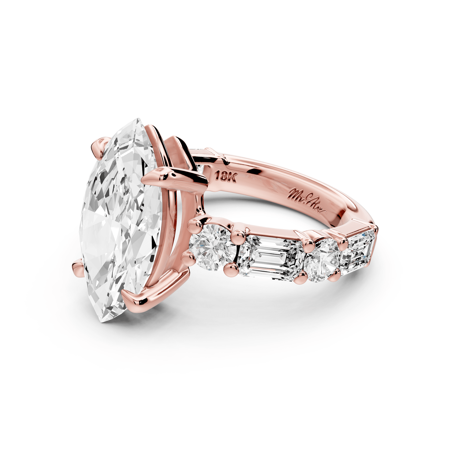 Juliette - 4ct 18k rose gold marquise with Alternating Round and Emerald 8 - Stone Band Engagement Ring - Mr. Alex Jewelry