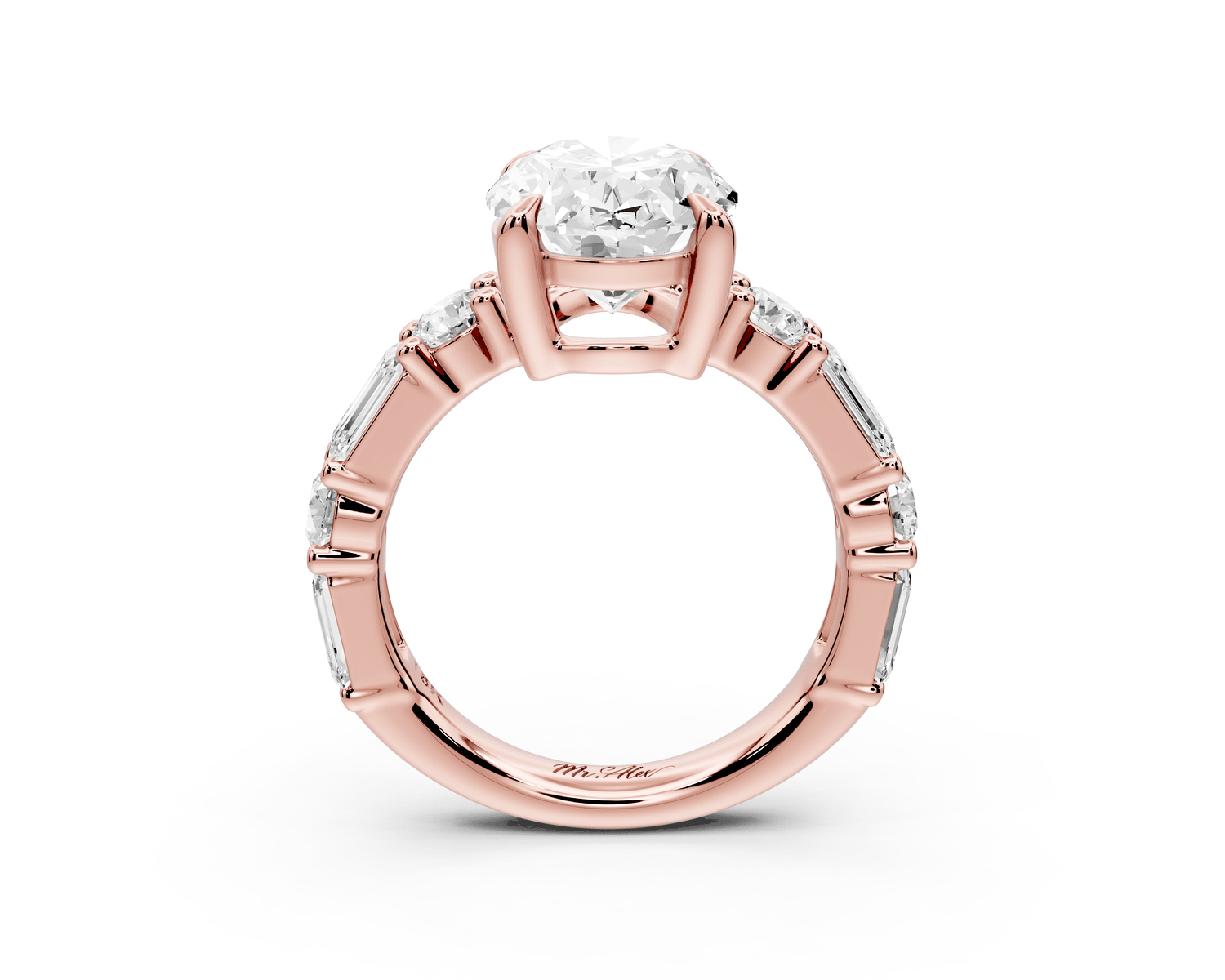 Juliette - 4ct 18k rose gold oval with Alternating Round and Emerald 8 - Stone Band Engagement Ring - Mr. Alex Jewelry