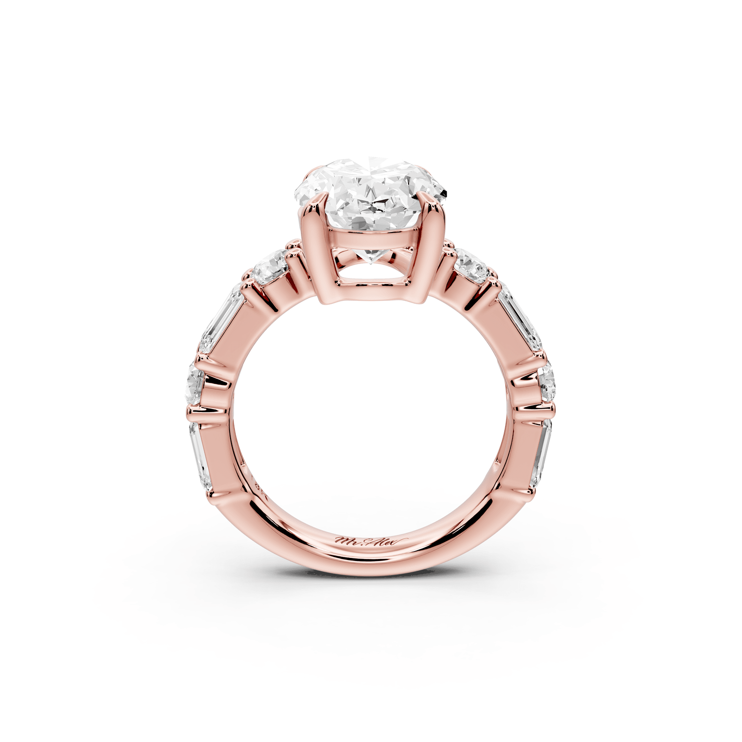 Juliette - 4ct 18k rose gold oval with Alternating Round and Emerald 8 - Stone Band Engagement Ring - Mr. Alex Jewelry