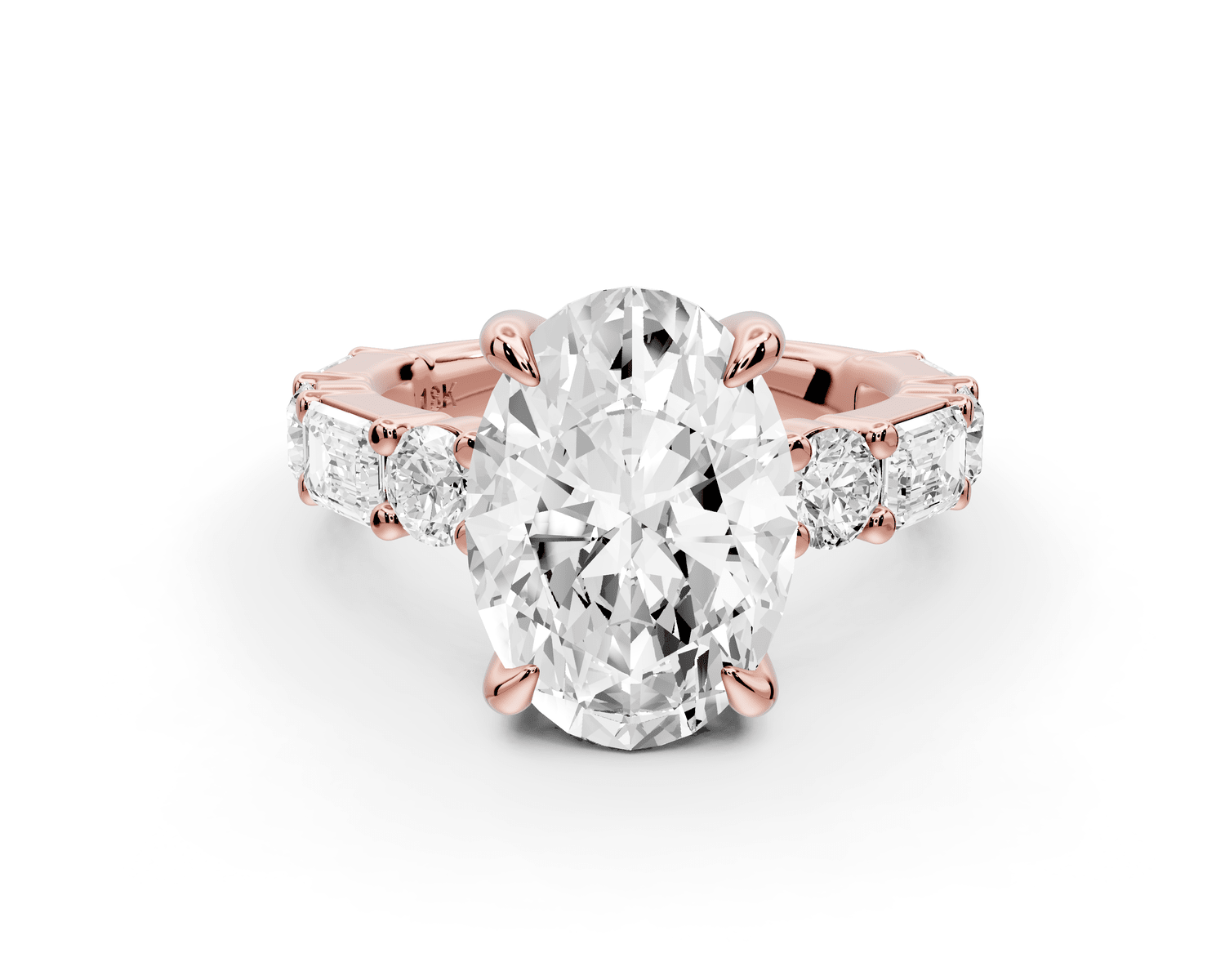 Juliette - 4ct 18k rose gold oval with Alternating Round and Emerald 8 - Stone Band Engagement Ring - Mr. Alex Jewelry