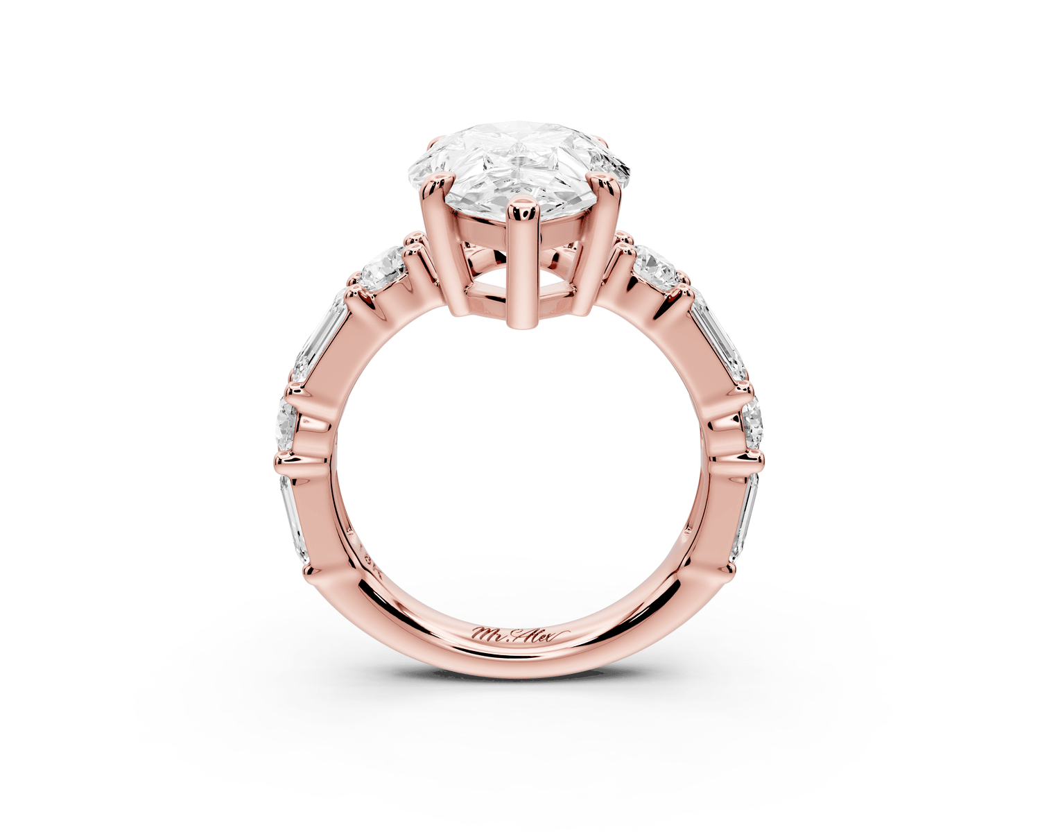 Juliette - 4ct 18k rose gold pear with Alternating Round and Emerald 8 - Stone Band Engagement Ring - Mr. Alex Jewelry