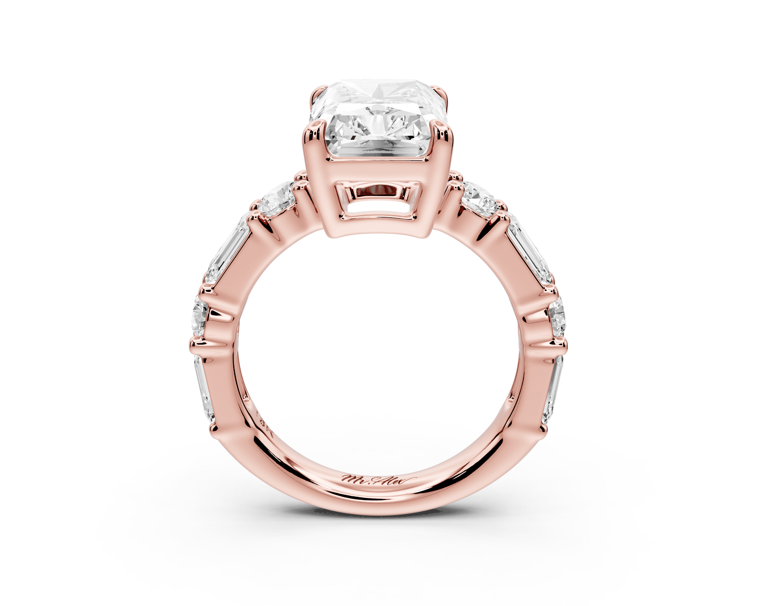 Juliette - 4ct 18k rose gold radiant with Alternating Round and Emerald 8 - Stone Band Engagement Ring - Mr. Alex Jewelry