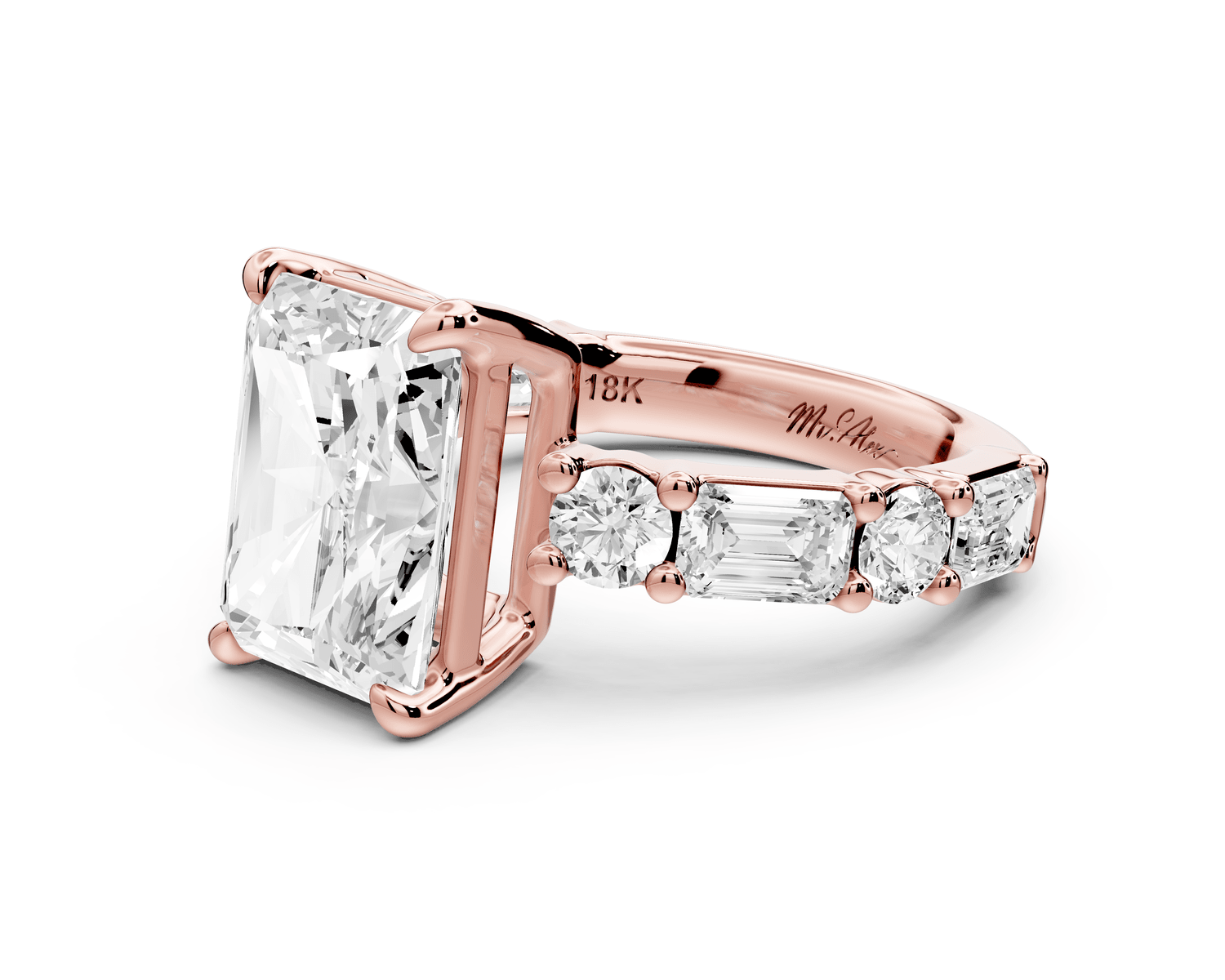 Juliette - 4ct 18k rose gold radiant with Alternating Round and Emerald 8 - Stone Band Engagement Ring - Mr. Alex Jewelry