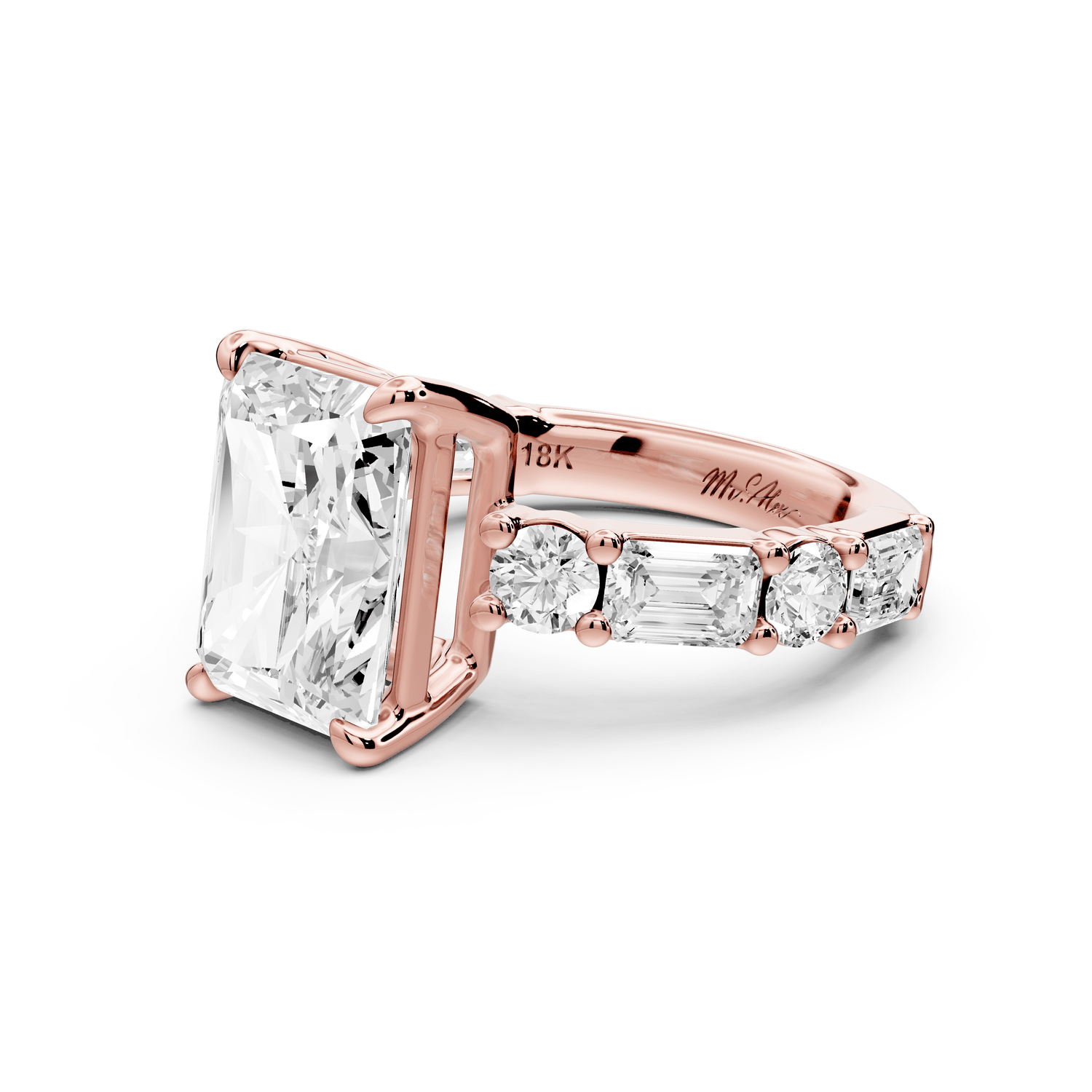 Juliette - 4ct 18k rose gold radiant with Alternating Round and Emerald 8 - Stone Band Engagement Ring - Mr. Alex Jewelry