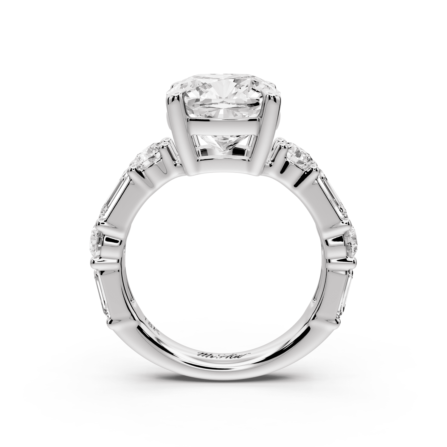 Juliette - 4ct 18k white gold cushion with Alternating Round and Emerald 8 - Stone Band Engagement Ring - Mr. Alex Jewelry