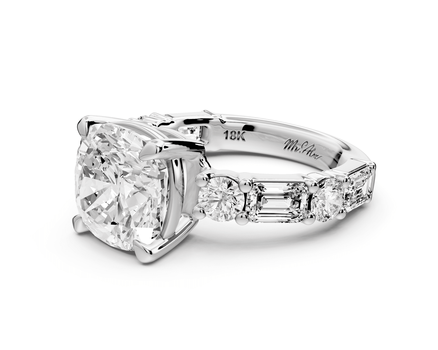 Juliette - 4ct 18k white gold cushion with Alternating Round and Emerald 8 - Stone Band Engagement Ring - Mr. Alex Jewelry