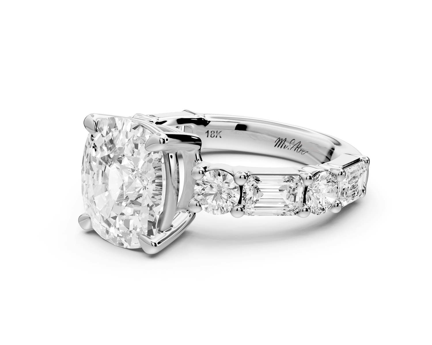 Juliette - 4ct 18k white gold ecushion with Alternating Round and Emerald 8 - Stone Band Engagement Ring - Mr. Alex Jewelry