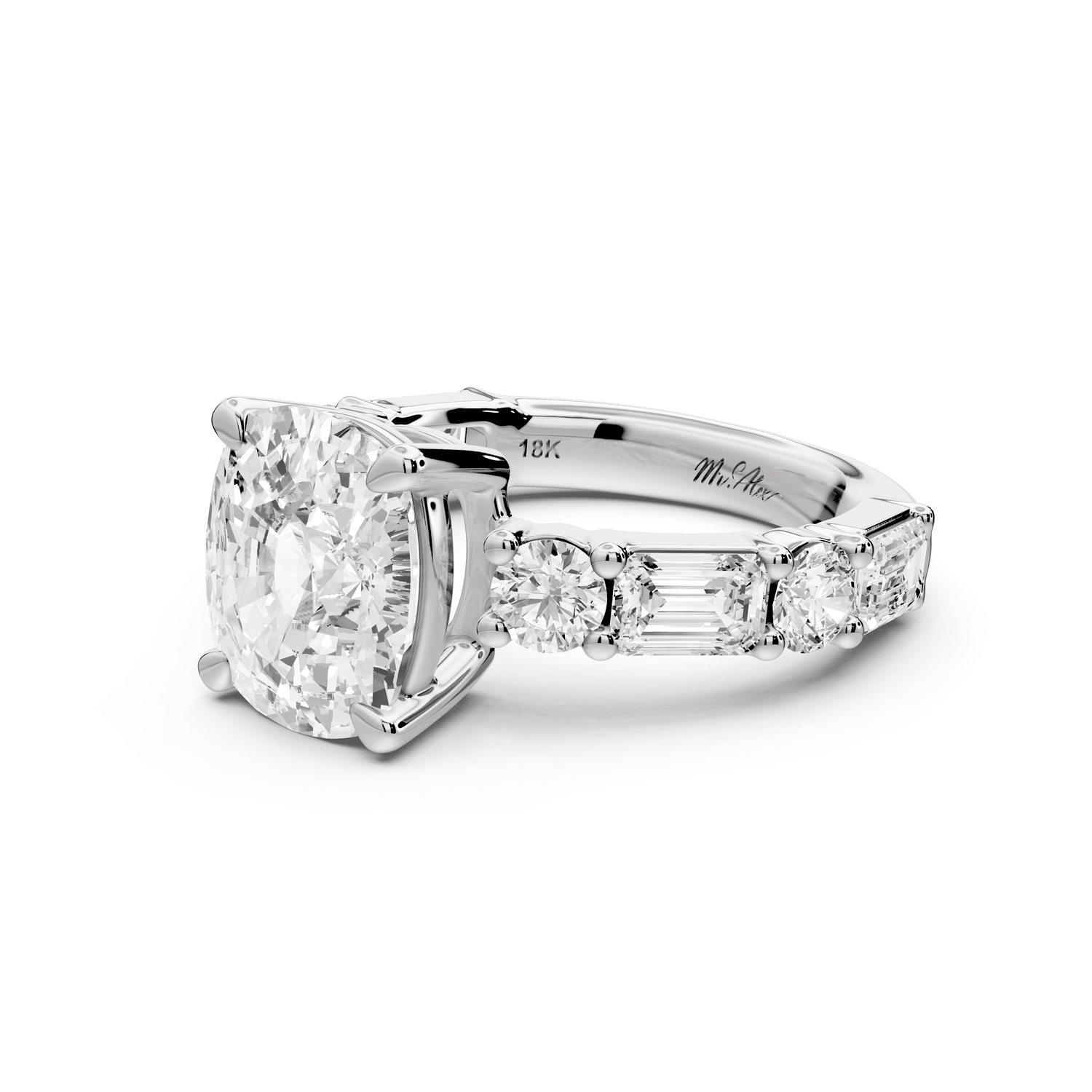 Juliette - 4ct 18k white gold ecushion with Alternating Round and Emerald 8 - Stone Band Engagement Ring - Mr. Alex Jewelry