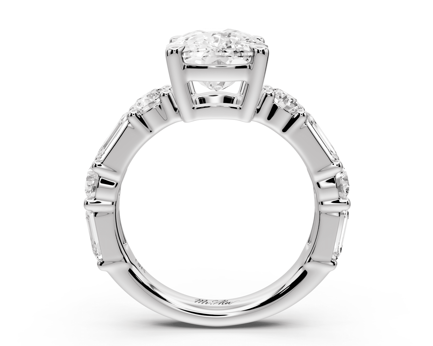 Juliette - 4ct 18k white gold ecushion with Alternating Round and Emerald 8 - Stone Band Engagement Ring - Mr. Alex Jewelry