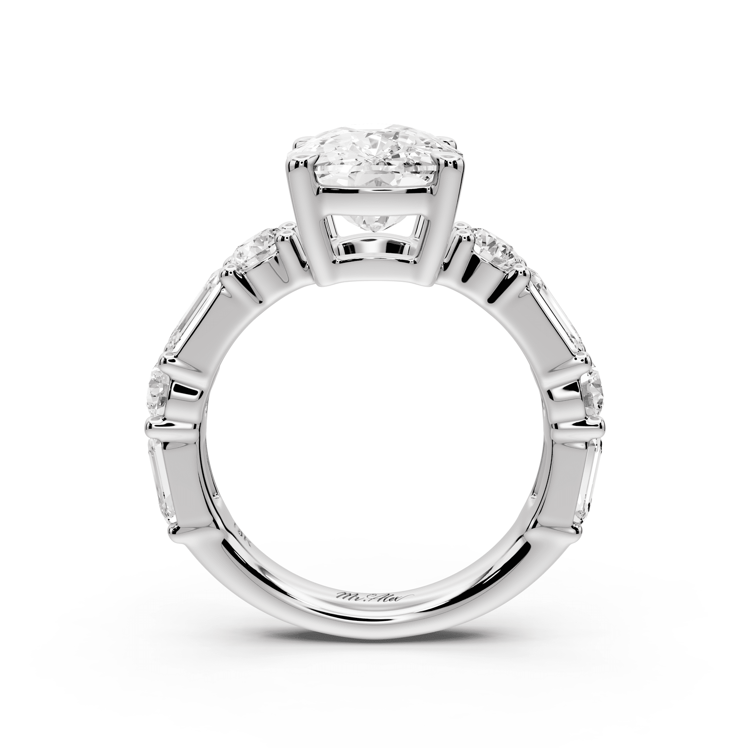 Juliette - 4ct 18k white gold ecushion with Alternating Round and Emerald 8 - Stone Band Engagement Ring - Mr. Alex Jewelry
