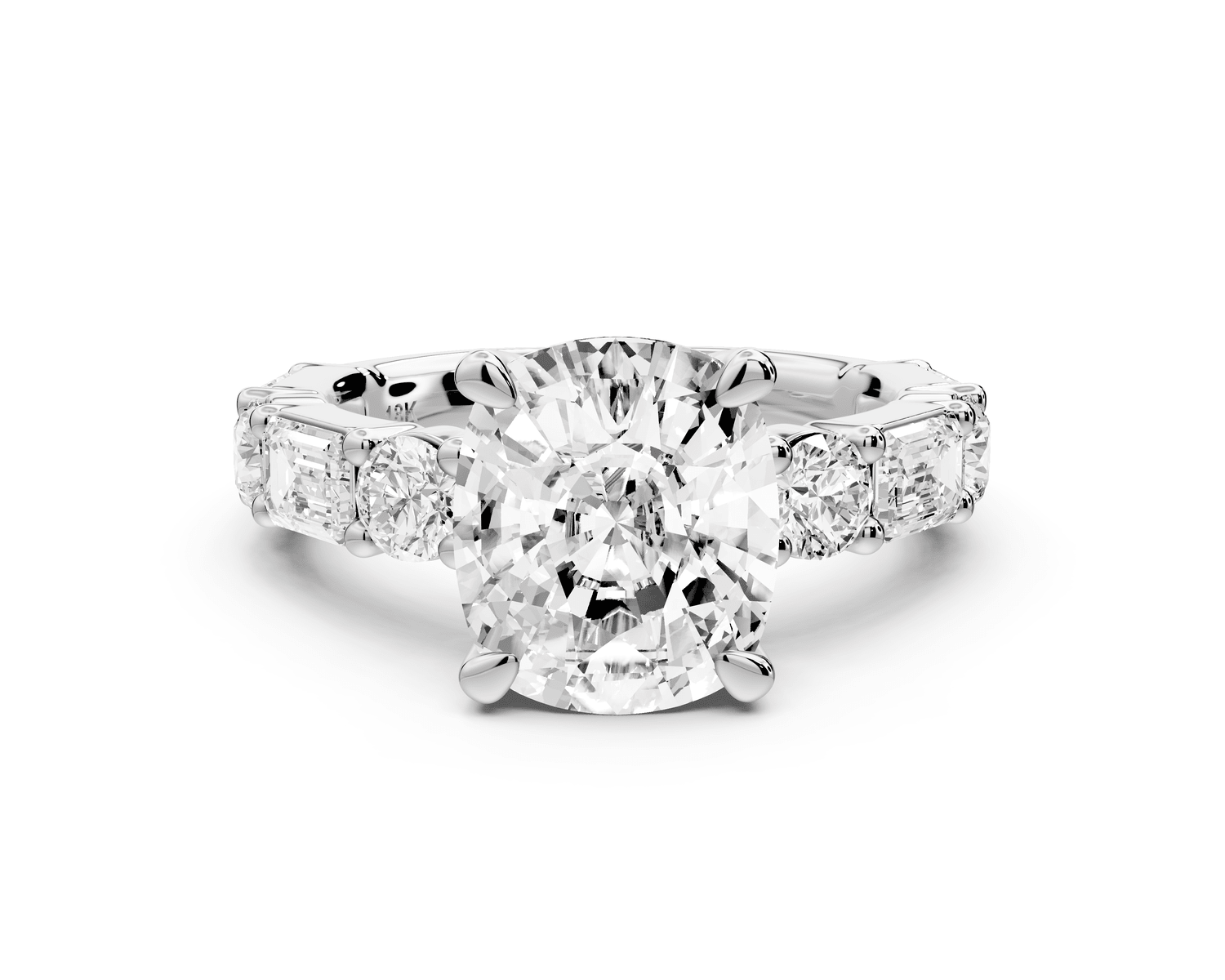 Juliette - 4ct 18k white gold ecushion with Alternating Round and Emerald 8 - Stone Band Engagement Ring - Mr. Alex Jewelry