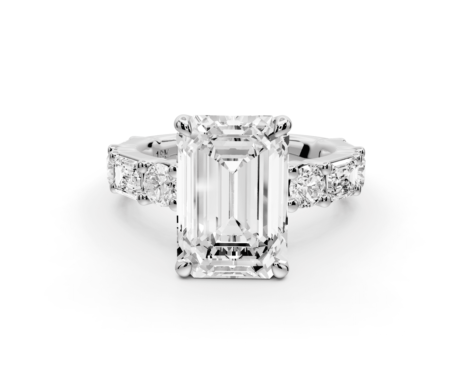 Juliette - 4ct 18k white gold emerald with Alternating Round and Emerald 8 - Stone Band Engagement Ring - Mr. Alex Jewelry