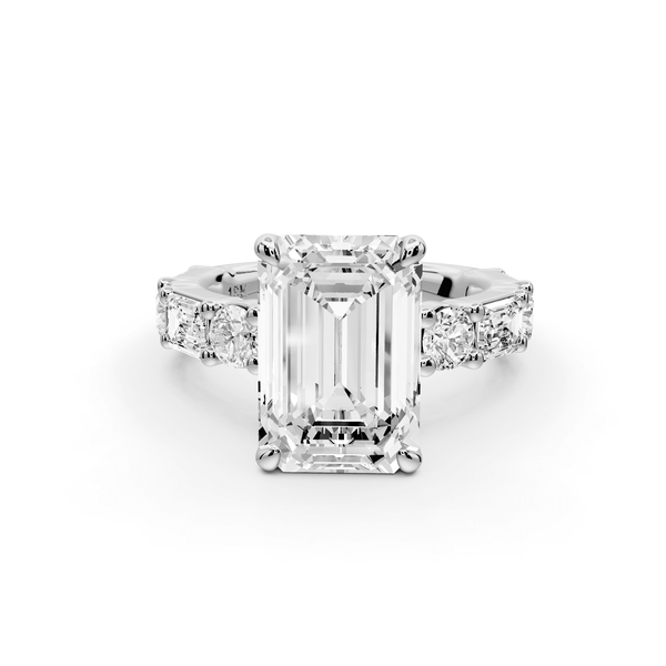 Juliette - 4ct 18k white gold emerald with Alternating Round and Emerald 8 - Stone Band Engagement Ring - Mr. Alex Jewelry