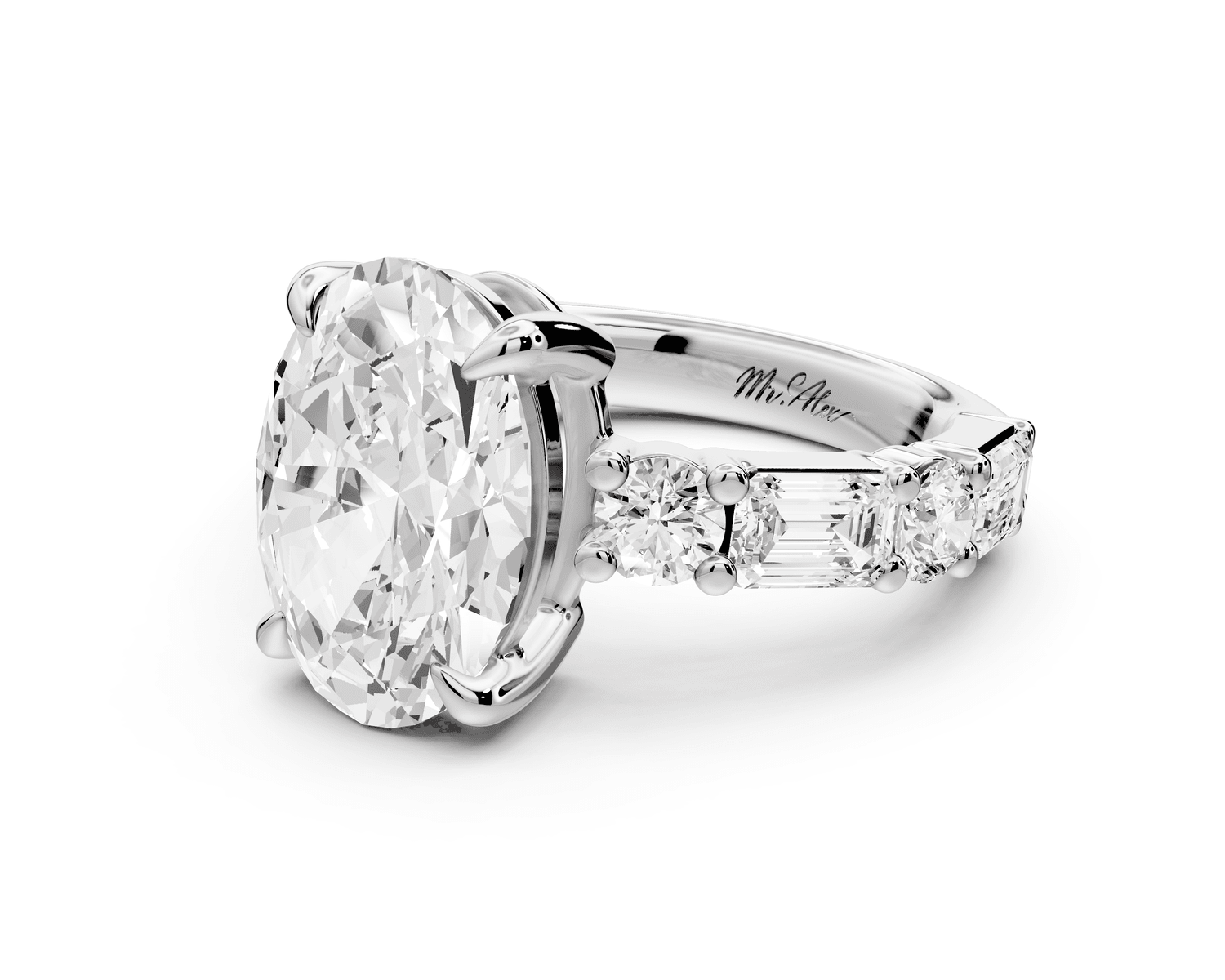 Juliette - 4ct 18k white gold oval with Alternating Round and Emerald 8 - Stone Band Engagement Ring - Mr. Alex Jewelry