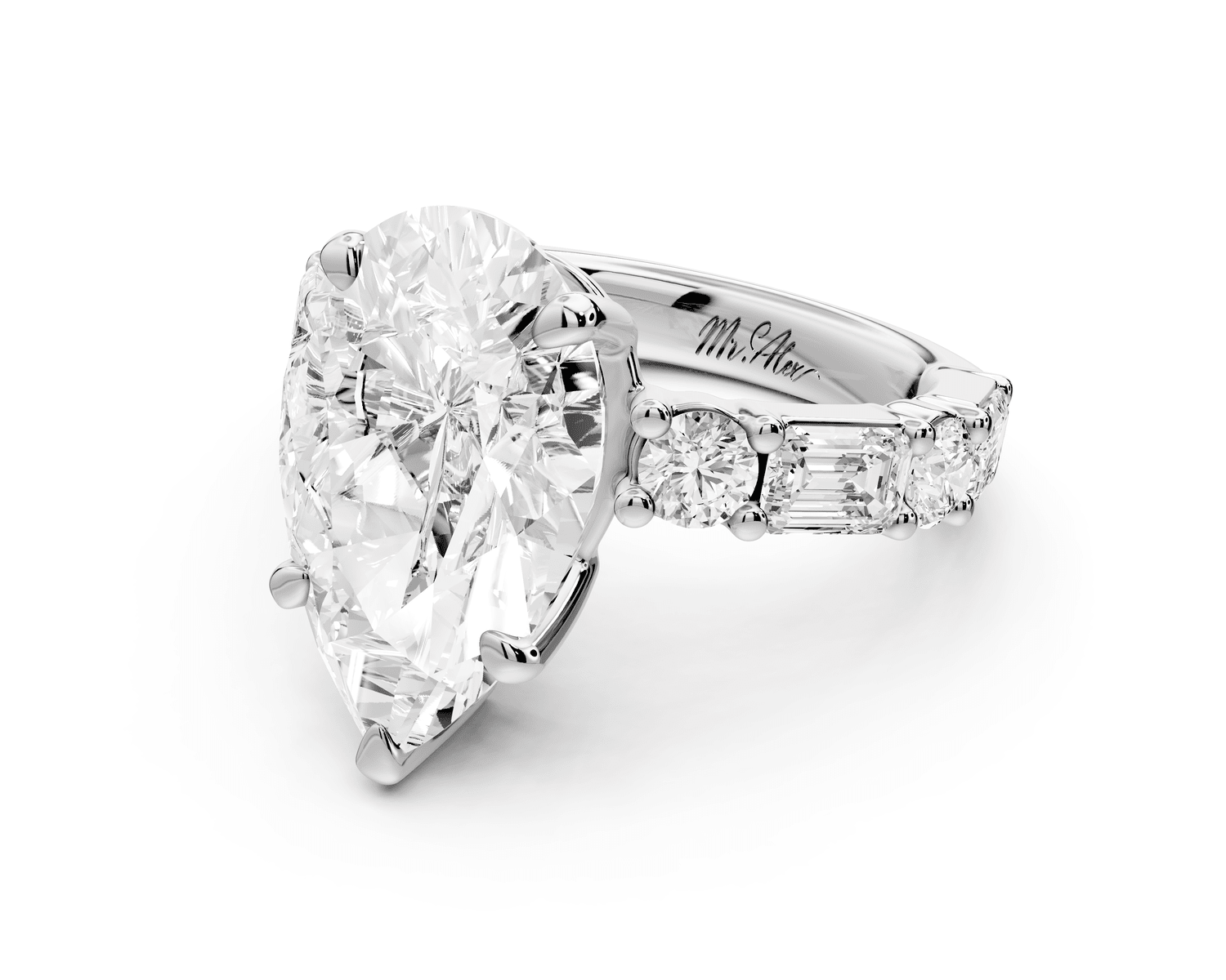 Juliette - 4ct 18k white gold pear with Alternating Round and Emerald 8 - Stone Band Engagement Ring - Mr. Alex Jewelry
