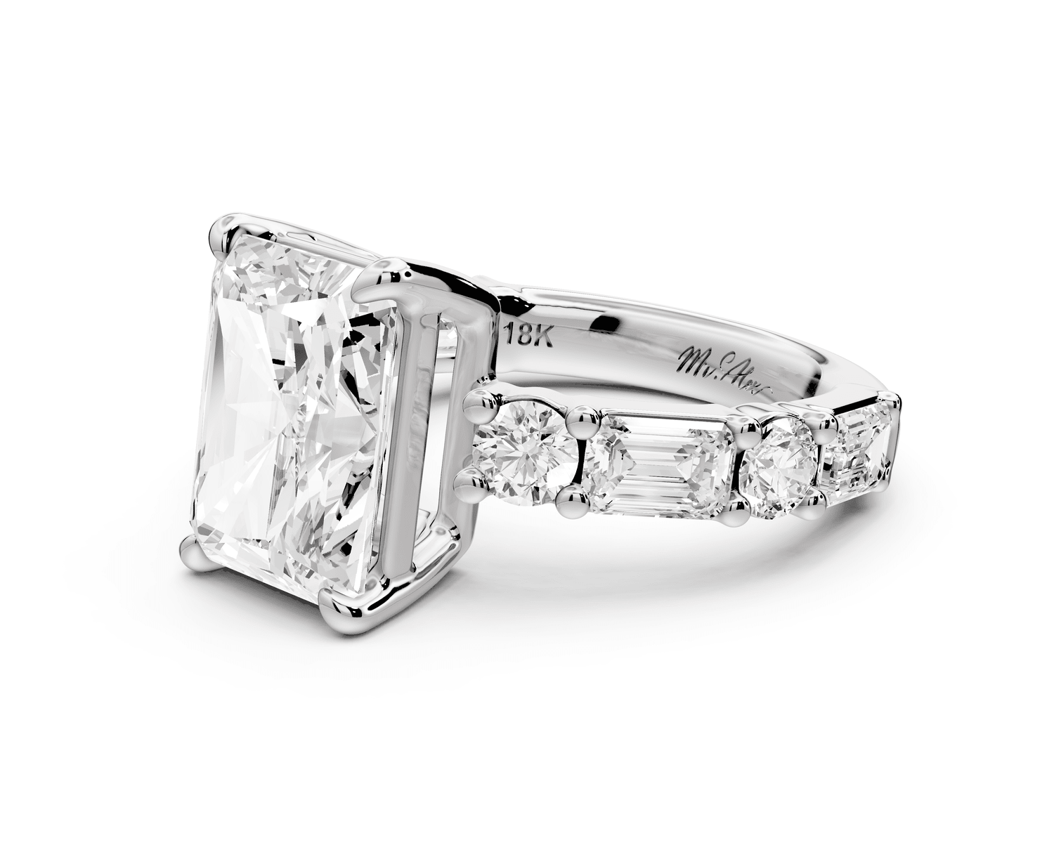 Juliette - 4ct 18k white gold radiant with Alternating Round and Emerald 8 - Stone Band Engagement Ring - Mr. Alex Jewelry