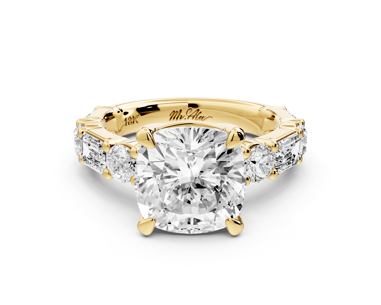 Juliette - 4ct 18k yellow gold cushion with Alternating Round and Emerald 8 - Stone Band Engagement Ring - Mr. Alex Jewelry