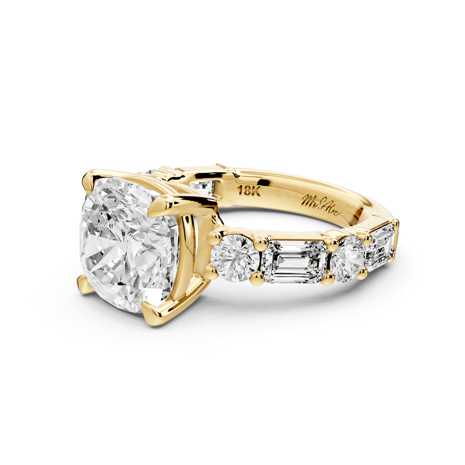 Juliette - 4ct 18k yellow gold cushion with Alternating Round and Emerald 8 - Stone Band Engagement Ring - Mr. Alex Jewelry